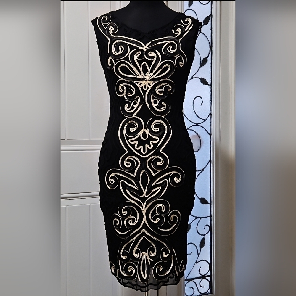 Frank Lyman Black Cord-Embroidered Cocktail Dress Size 2